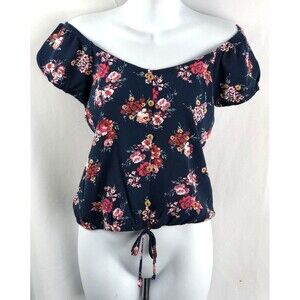 Off Shoulder Top XS Blue Floral Smocked Puff Sleeve Tie Waist Milk Maid Peasant